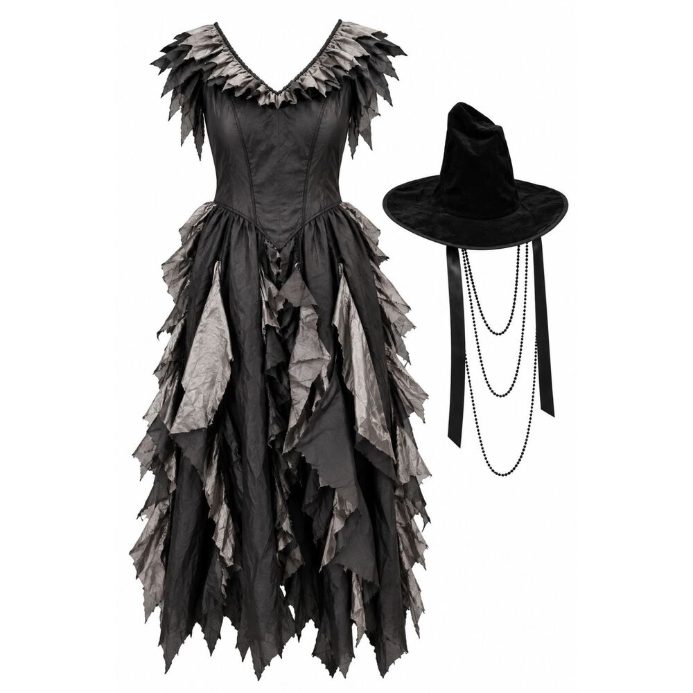 Spirit Halloween Gray Black Ragged Witch Costume Dress + Hat